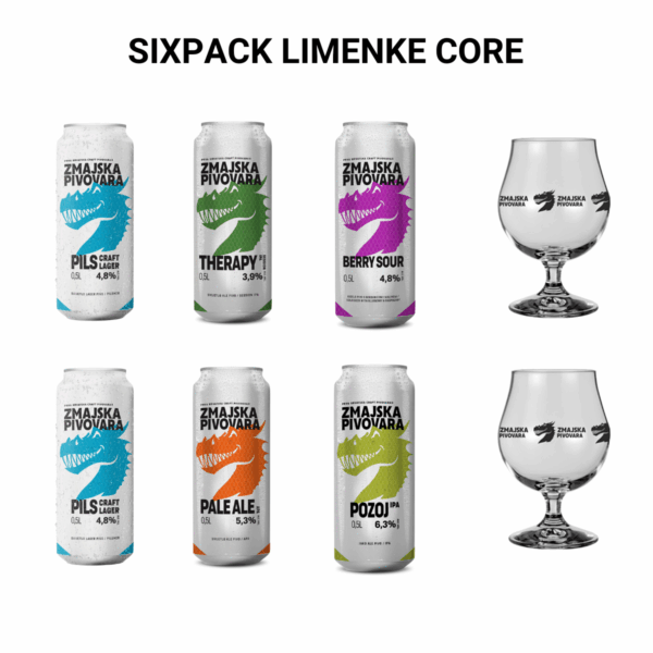 SIX PACK CORE limenke (6 x 0,50l) + 2 čaše 0,33l